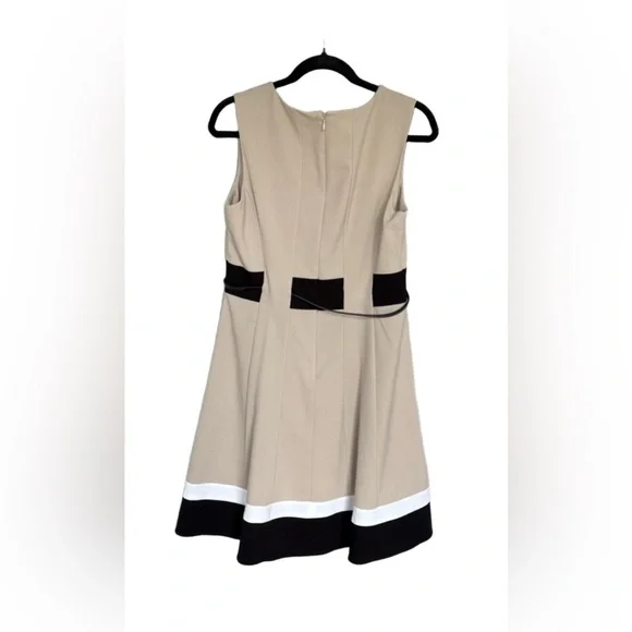 Calvin Klein Womens Dress Size 10 Beige Fit Flare Belted Striped Chic - Picture 3 of 4